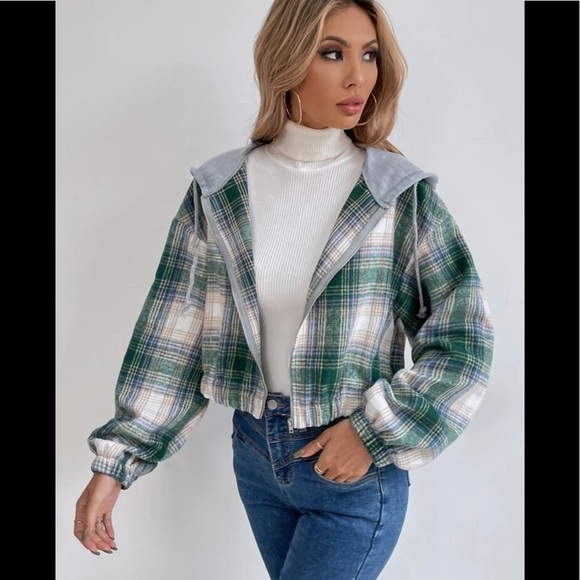 Shein Tartan Print Drop Shoulder Drawstring Hooded Crop Overcoat Size XL - Picture 2 of 9